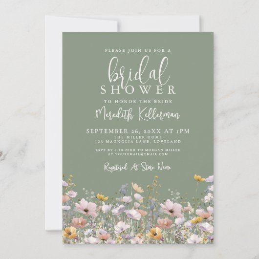 Sage Green Wildflower Bridal Shower Einladung (Vorderseite)