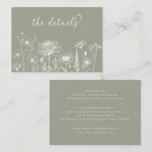 Sage Green Wildflower Details Card Wedding Insert (Vorne/Hinten)