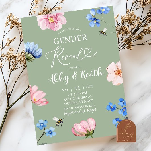 Sage Green Wildflower Gender Reveal Invitation Einladung