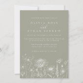 Sage Green Wildflower Line Art Wedding  Einladung (Vorderseite)