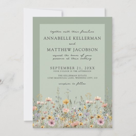 Sage Green Wildflower Watercolor Floral Wedding Einladung (Vorderseite)