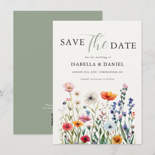 Sage Green Wildflower Wedding Save The Date (Vorne/Hinten)