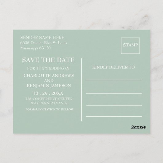 Sage Green Winter Christmas Save the Date Hochzeit Postkarte (Rückseite)