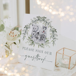 Sage Green Winter Holiday Artic Animes Gästebuch Sockelschild