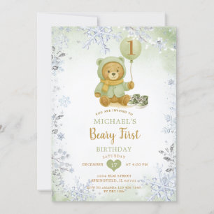 Sage Green Winter Snowflake Bear Erster Geburtstag Einladung