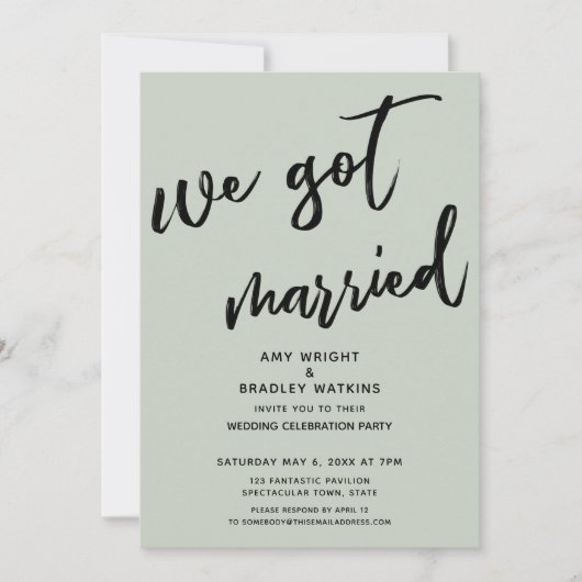 Sage Green Wir Got Verheiratete Hochzeitsempfehlun Einladung (Vorderseite)