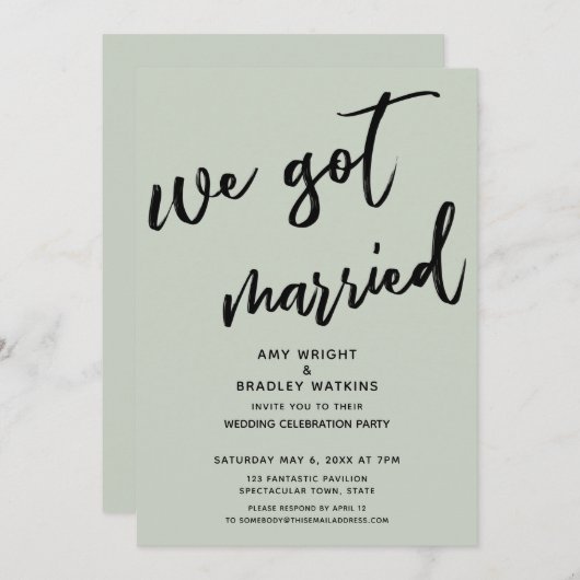 Sage Green Wir Got Verheiratete Hochzeitsempfehlun Einladung (Vorne/Hinten)