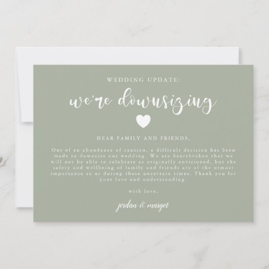 Sage Green Wir verkleinern das Hochzeitsupdate Ankündigung (Vorderseite)