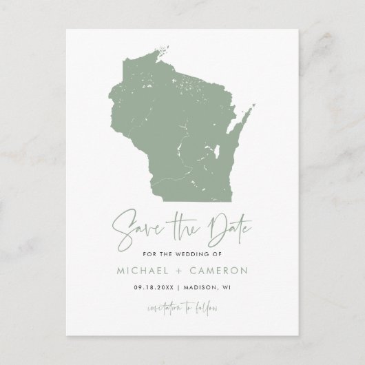 Sage Green Wisconsin Map Modern Save the Date Ankündigungspostkarte (Vorderseite)