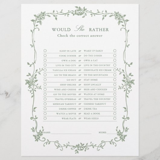 Sage Green 'Wollt ihr lieber' Brautparty Game (Vorderseite)