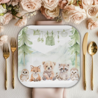Sage Green Woodland Adventure Awaits Baby Shower Pappteller