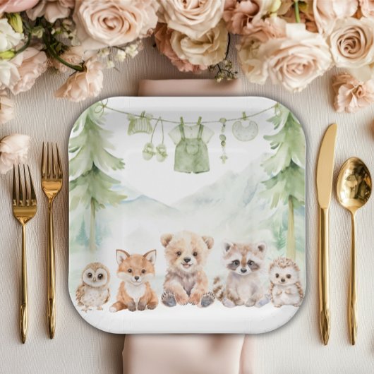 Sage Green Woodland Adventure Awaits Baby Shower Pappteller