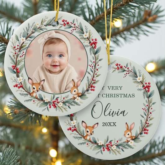 Sage Green Woodland Baby First Christmas Photo Keramik Ornament