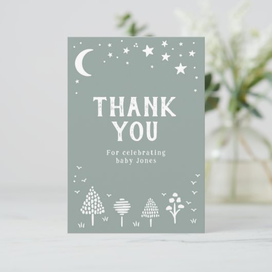 Sage Green Woodland Stars Kinderdusche Dankeskarte (Stehend Vorderseite)