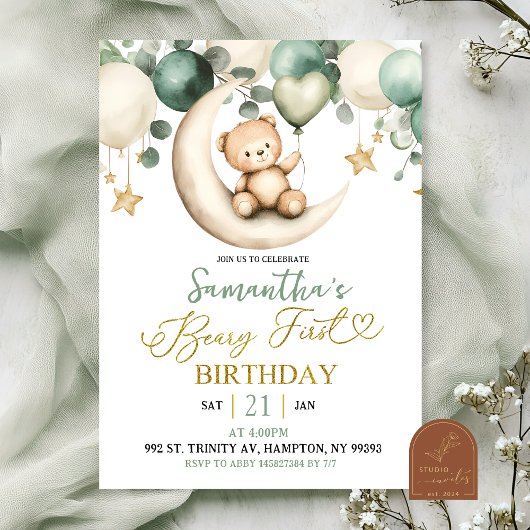 Sage Greenery Beary Erster Geburtstag Einladung
