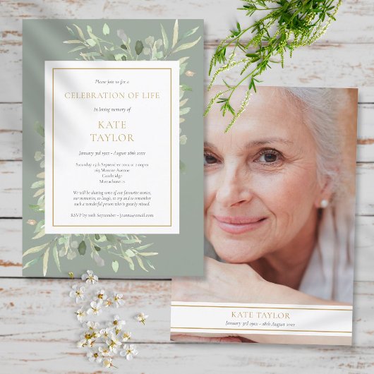 Sage Greenery Beerdigung Foto des Lebens Einladung