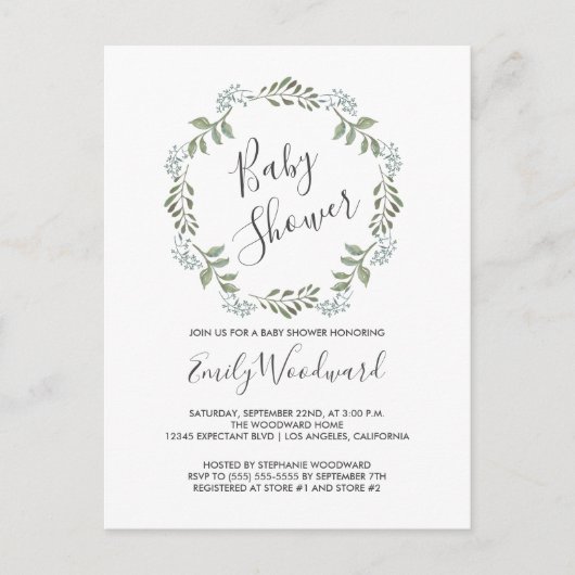 Sage Greenery Botanical Wreath Baby Shower Einladungspostkarte (Vorderseite)