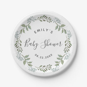 Sage Greenery Botanical Wreath Baby Shower Pappteller