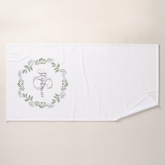 Sage Greenery Botanical Wreath Monogram Badehandtuch (Badehandtuch)