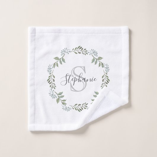Sage Greenery Botanical Wreath Monogram Badhandtuch Set (Waschlappen)