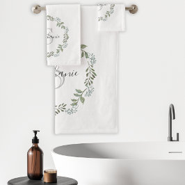 Sage Greenery Botanical Wreath Monogram Badhandtuch Set