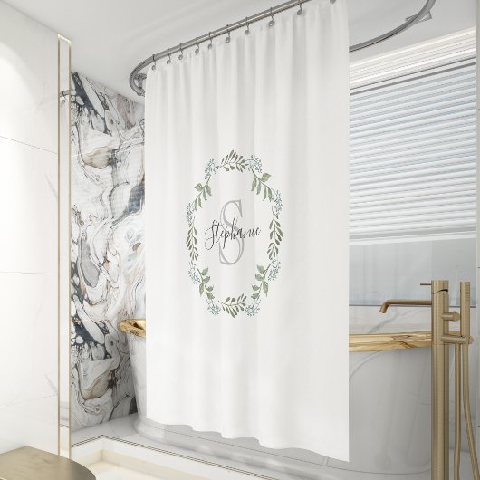 Sage Greenery Botanical Wreath Monogram Duschvorhang