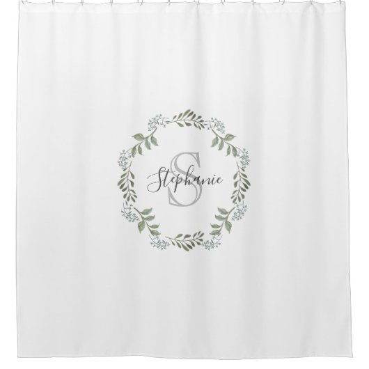 Sage Greenery Botanical Wreath Monogram Duschvorhang (Vorderseite)