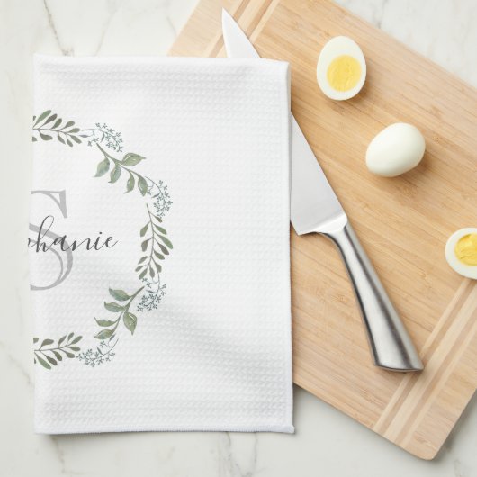 Sage Greenery Botanical Wreath Monogram Geschirrtuch (Viertel Falte)