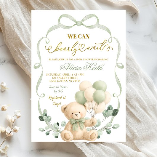 Sage Greenery Bow Coquette Bear Baby Shower Einladung