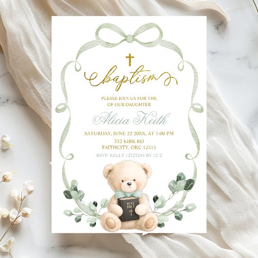 Sage Greenery Bow Coquette Bear Baptism Einladung