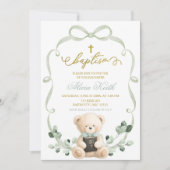 Sage Greenery Bow Coquette Bear Baptism Einladung (Vorderseite)