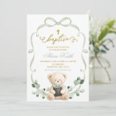 Sage Greenery Bow Coquette Bear Baptism Einladung (Stehend Vorderseite)