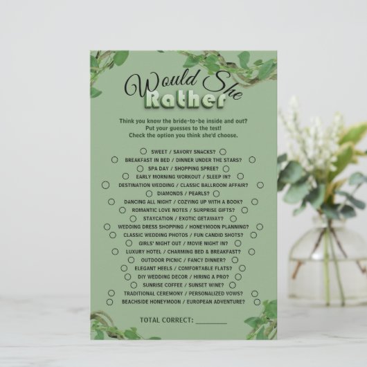 Sage Greenery Bridal Shower Would She Rather Game (Stehend Vorderseite)