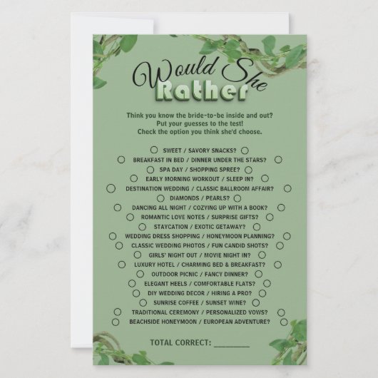 Sage Greenery Bridal Shower Would She Rather Game (Vorderseite)