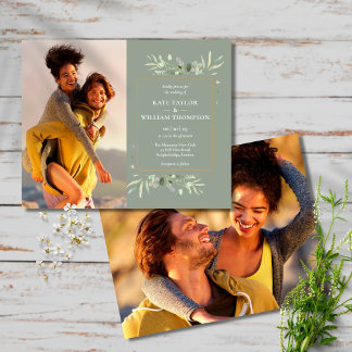 Sage Greenery Budget Foto Hochzeit Einladung