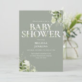 Sage Greenery Floral QR Code Babydusche Einladung (Stehend Vorderseite)