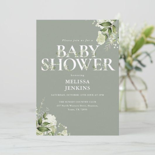 Sage Greenery Floral QR Code Babydusche Einladung (Stehend Vorderseite)