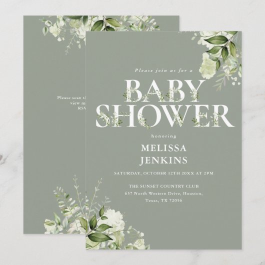 Sage Greenery Floral QR Code Babydusche Einladung (Vorne/Hinten)