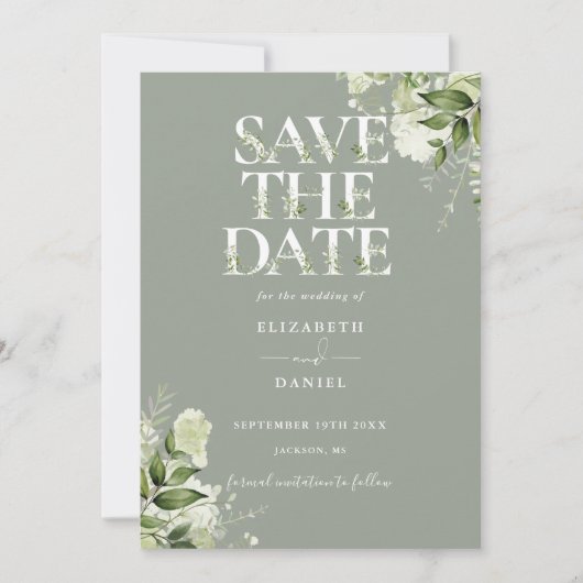 Sage Greenery Floral Typografy QR Code Wedding Save The Date (Vorderseite)
