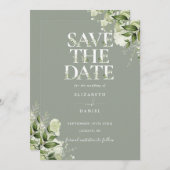 Sage Greenery Floral Typografy QR Code Wedding Save The Date (Vorne/Hinten)