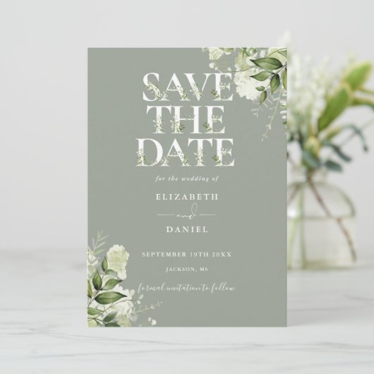 Sage Greenery Floral Typografy Wedding Save The Date (Stehend Vorderseite)