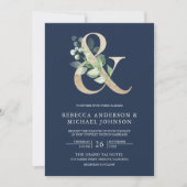 Sage Greenery Gold Ampersand Navy Blue Wedding Einladung (Vorderseite)