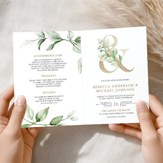 Sage Greenery Gold Ampersand QR Code Wedding Einladung