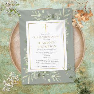 Sage Greenery Gold Christliche Feier des Lebens Einladung