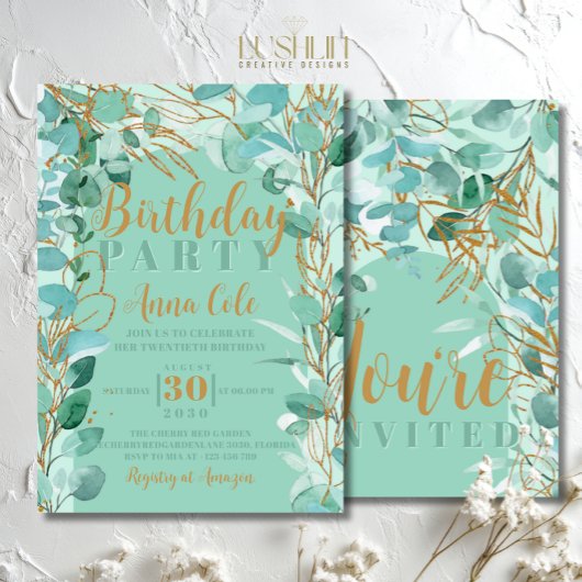 Sage Greenery Leaves Birthday Elegant Modern Einladung