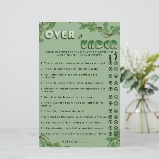 Sage Greenery Over or Under Bridal Shower Fun Game (Stehend Vorderseite)