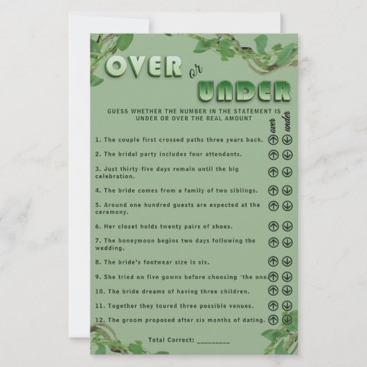 Sage Greenery Over or Under Bridal Shower Fun Game (Vorderseite)