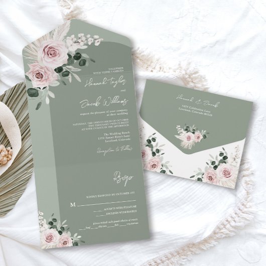 Sage Greenery Pink Floral Dusty Rose Hochzeit All In One Einladung