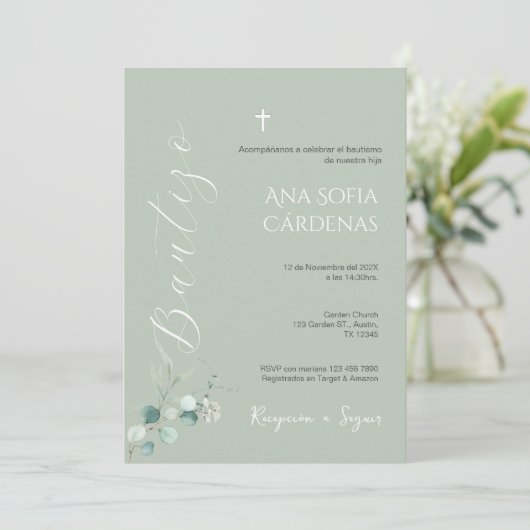 Sage Greenery Spanish Baptism Girl invitation Einladung (Stehend Vorderseite)