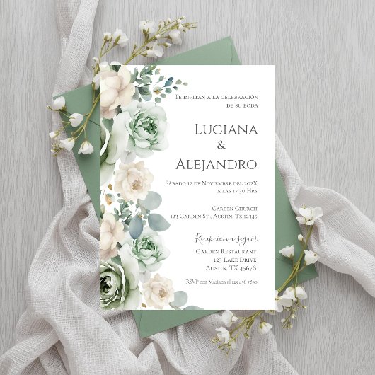 Sage Greenery Spanish Wedding Einladung
